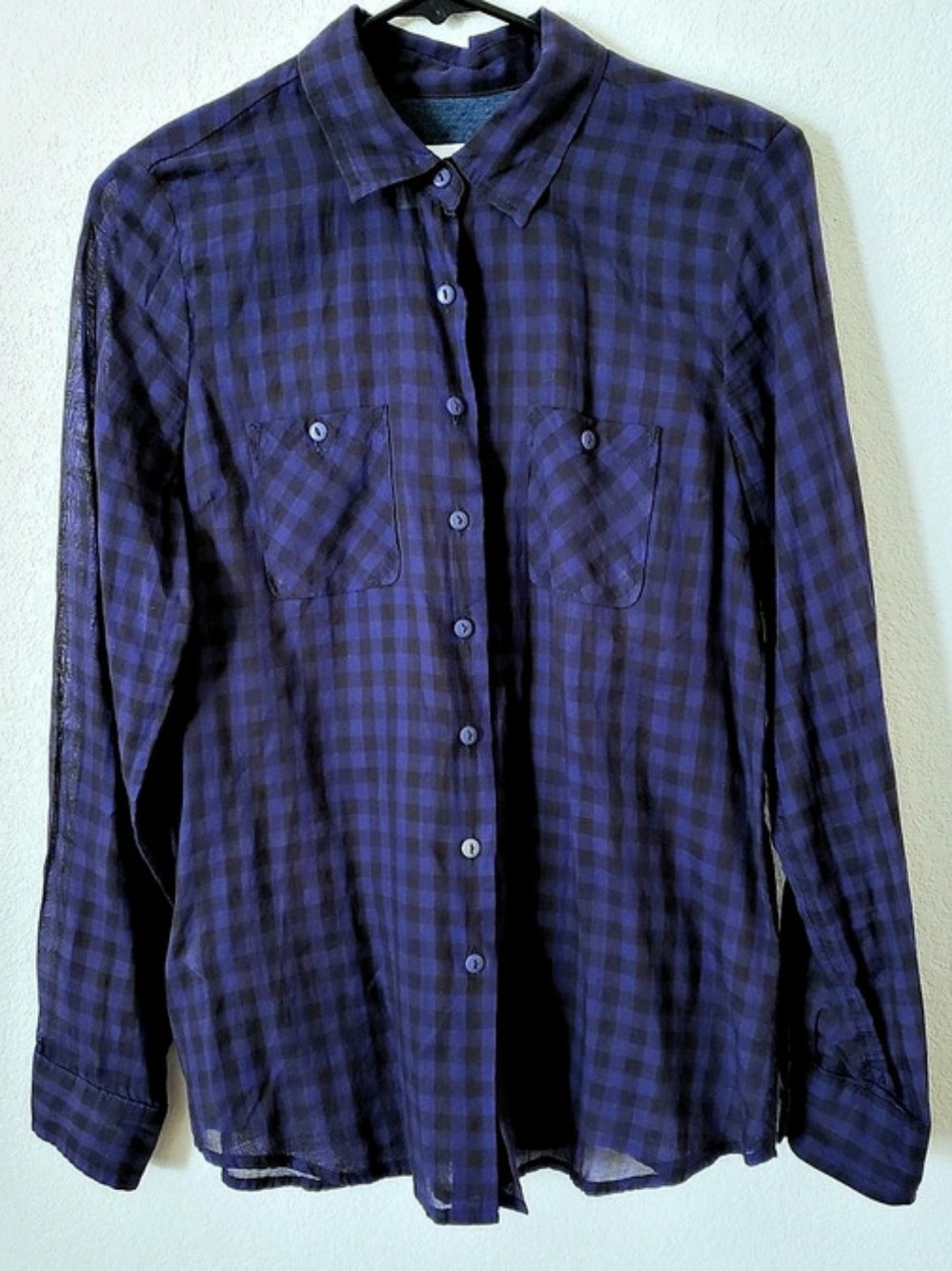 BCBGeneration Plaid Button Down Long Sleeve Purple & Charcoal Grey Small